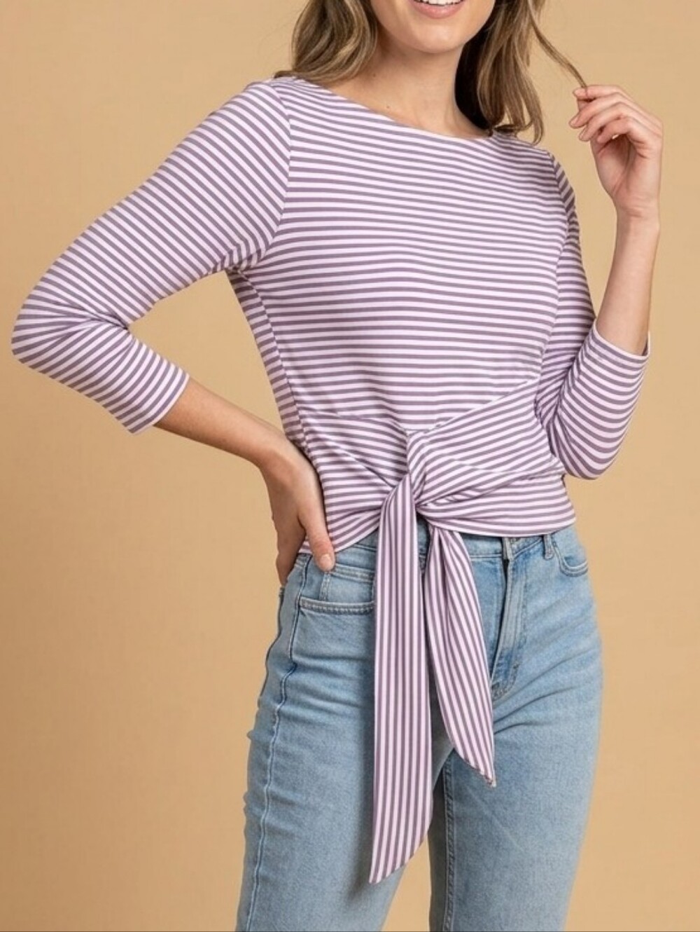NWT Striped Boatneck Long Sleeve Side Tie Top - Purple & White - Size Small